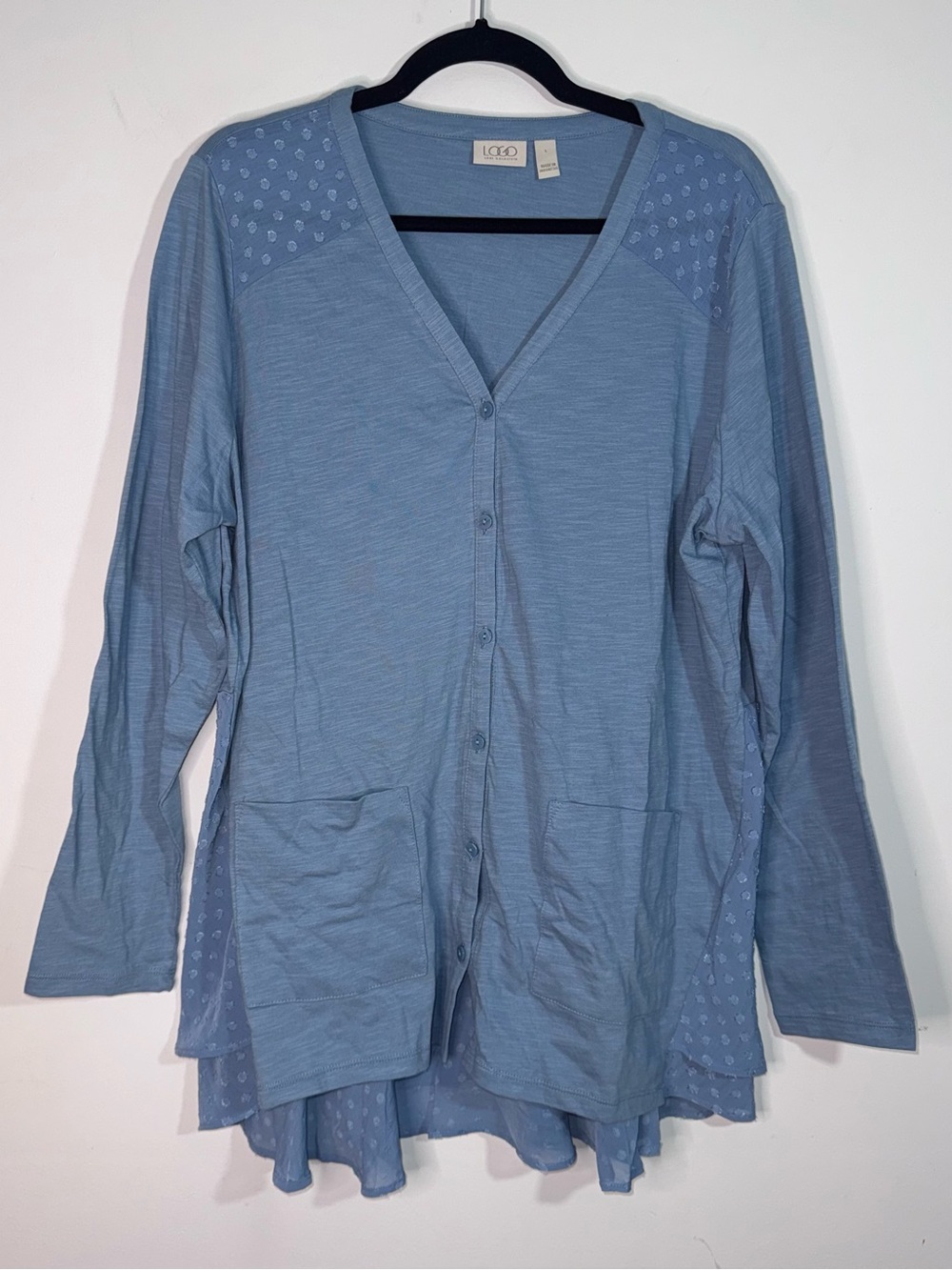 LOGO Lori Goldstein Blue Button Front Peplum Cardigan Size L Cotton